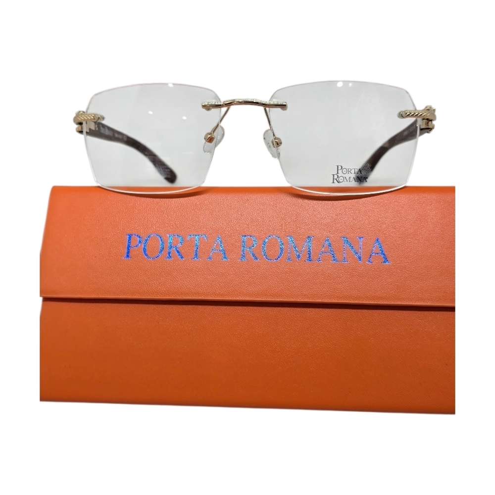 Porta Romana Rimless Glasses with Orange Case and brown wooden temples